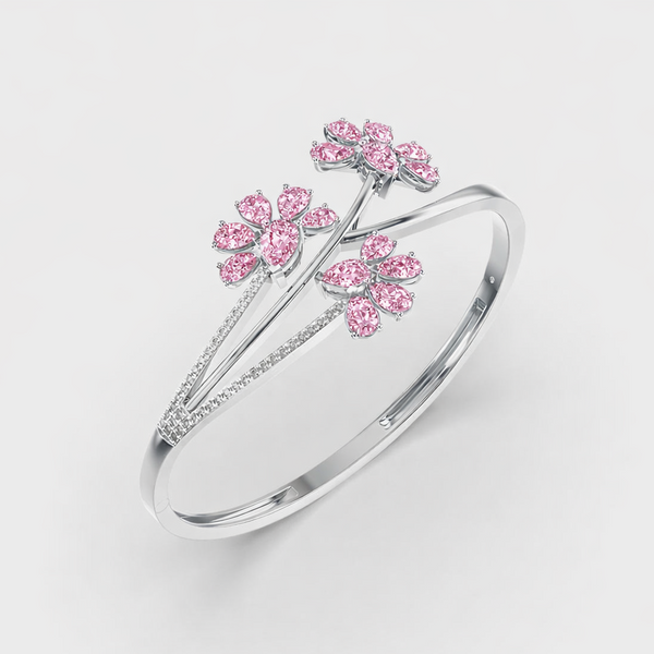 925 Silver Pink Flower Bracelet with CZ Diamonds | Elegant Floral Bangle for Women