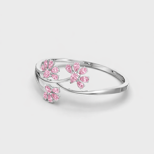 925 Silver Pink Flower Bracelet with CZ Diamonds | Elegant Floral Bangle for Women