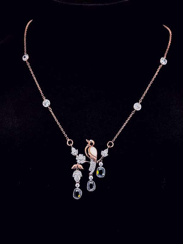925 Silver Rose Gold Bird Necklace | Zircon Branch Pendant with Crystal Dangles