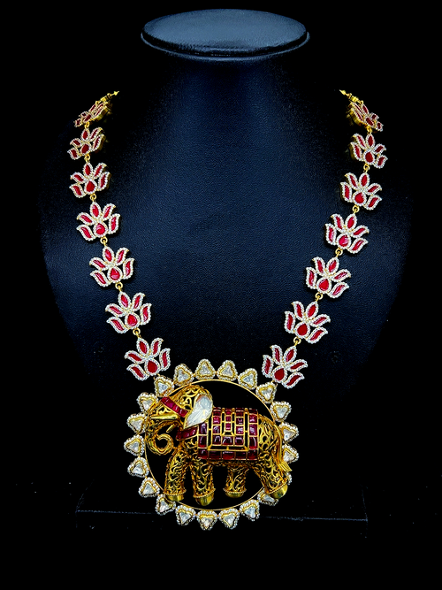 925 Silver Heritage Elephant Pendant Necklace with Ruby Red Lotus Links | Kundan Polish